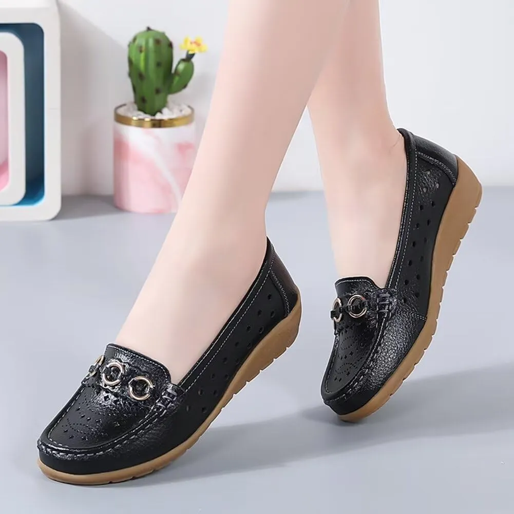 Women's Leather Classic Wedge Moccasins Slip-Ons Casual Walking Driving Cutout Breathable