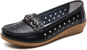 Women's Leather Classic Wedge Moccasins Slip-Ons Casual Walking Driving Cutout Breathable