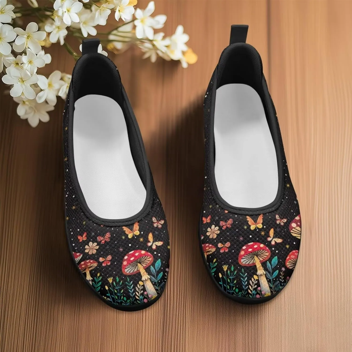 Womens Low Cut Shoes Casual Mesh Loafers Mushroom Tennis Sneakers Lightweight Slip On Fruit Print Breathable Shoe for Workout Walking