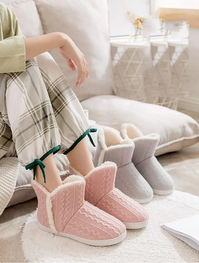 Women's Men's Warm Winter Bootie Slipper Plush Furry Cozy Lined House Shoes Knit Memory Foam Slippers Indoor Outdoor Anti-Skid Rubber Sole