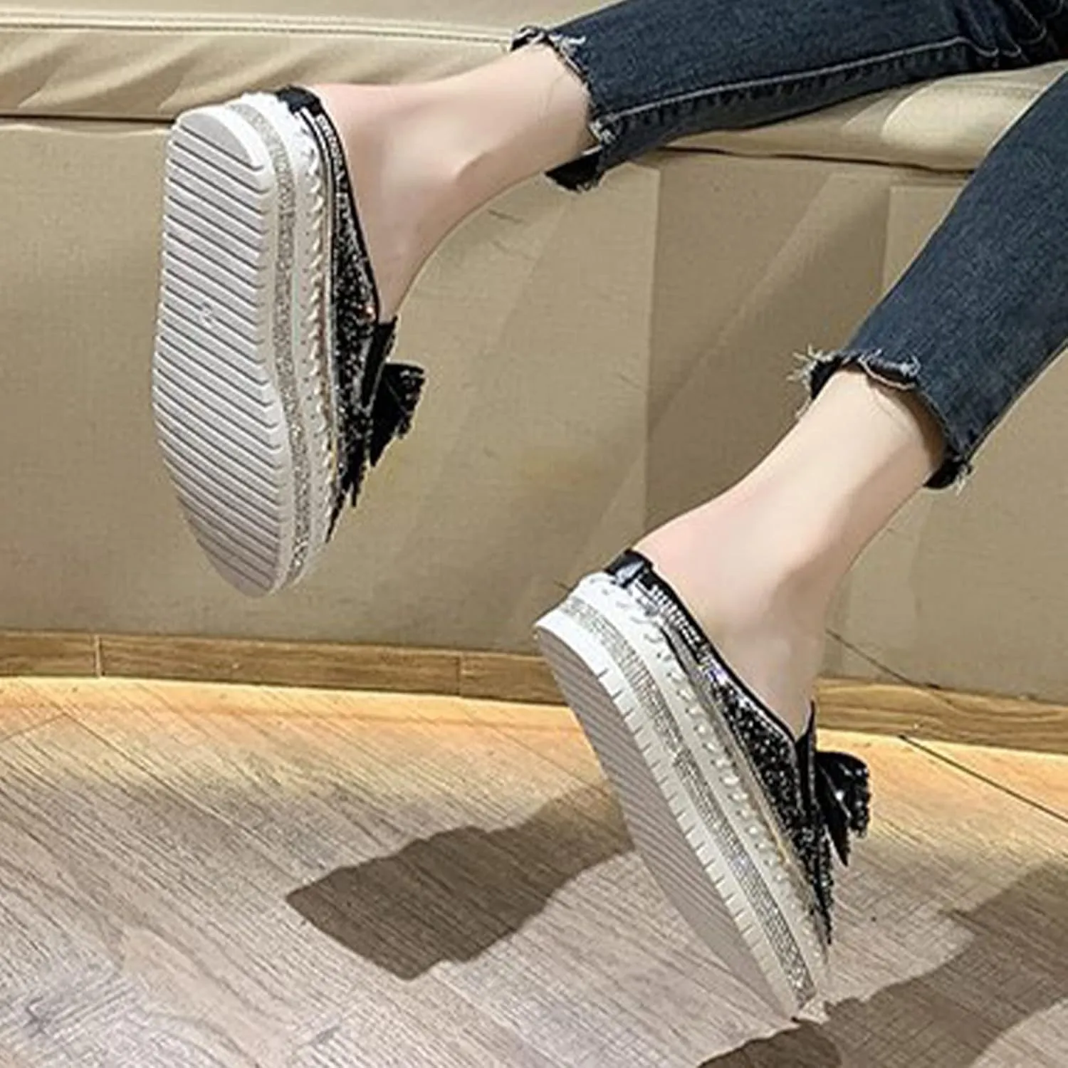 Women's Platform Rhinestones Glitter Sneakers,Fashion Cute Bow Comfy Breathe Canvas Hand-Stitching Slip On Casual Walking Flat Loafers