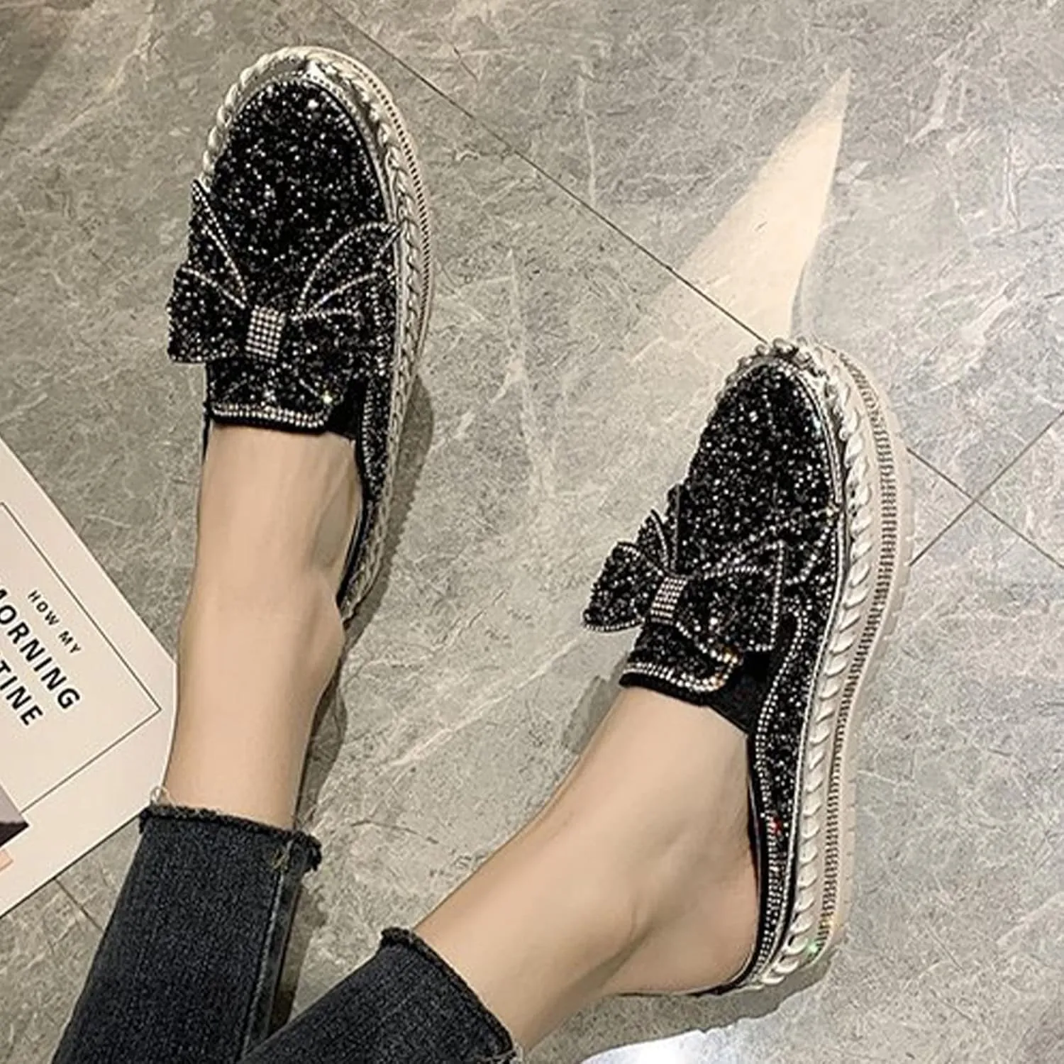 Women's Platform Rhinestones Glitter Sneakers,Fashion Cute Bow Comfy Breathe Canvas Hand-Stitching Slip On Casual Walking Flat Loafers