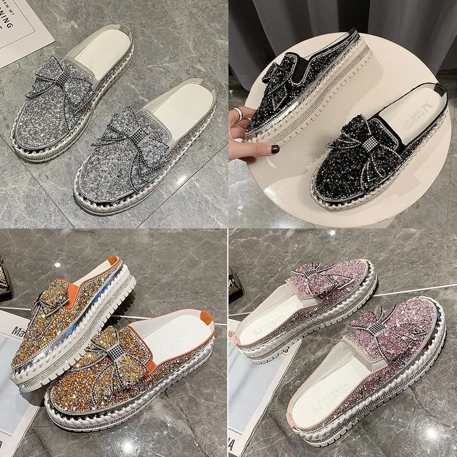 Women's Platform Rhinestones Glitter Sneakers,Fashion Cute Bow Comfy Breathe Canvas Hand-Stitching Slip On Casual Walking Flat Loafers