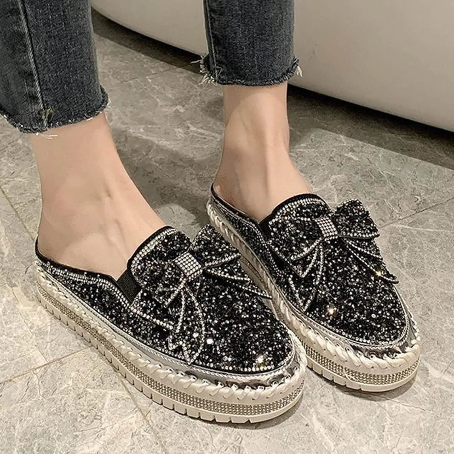 Women's Platform Rhinestones Glitter Sneakers,Fashion Cute Bow Comfy Breathe Canvas Hand-Stitching Slip On Casual Walking Flat Loafers