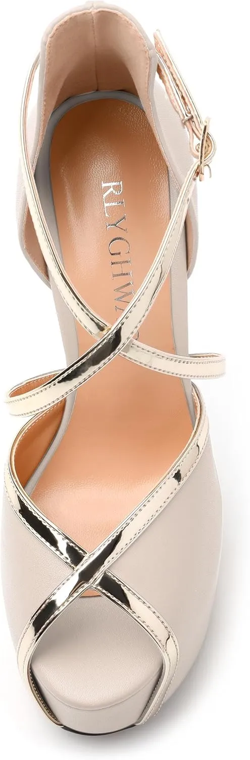 Womens Platform Sandals Stiletto Heels Round Toe High Heels Fashion Cross Body Strap Open Toe Buckle Heeled Sandal Shoes