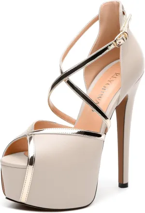 Womens Platform Sandals Stiletto Heels Round Toe High Heels Fashion Cross Body Strap Open Toe Buckle Heeled Sandal Shoes