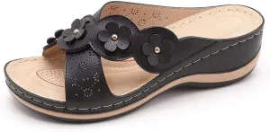 Women's Platform Wedge Comfort Cross Strap Flowers Slide Sandals-Shock Absorbtion Breathable holes Arch Support Footbed Indoors Or Outdoors Slip On