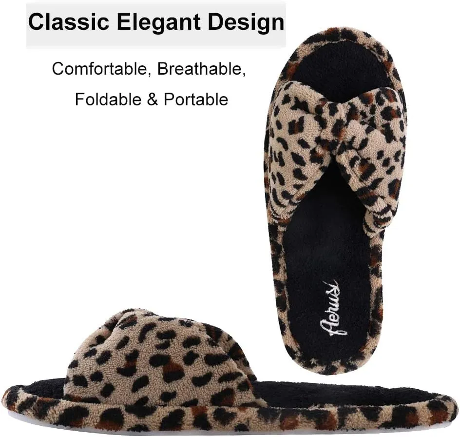 Womens Plush Terry Open Toe Memory Foam Spa Slippers Rubber Sole Bowknot House Slides for Women