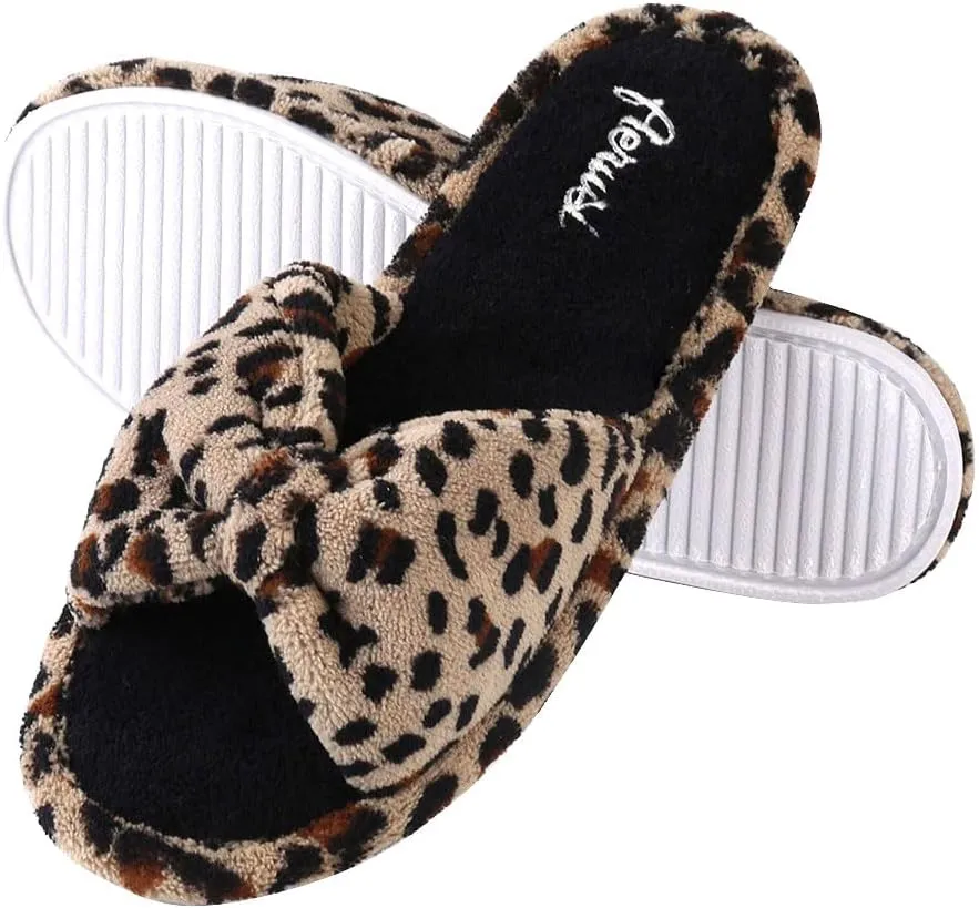 Womens Plush Terry Open Toe Memory Foam Spa Slippers Rubber Sole Bowknot House Slides for Women
