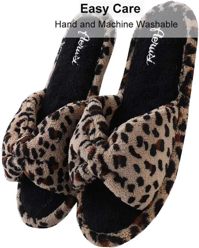 Womens Plush Terry Open Toe Memory Foam Spa Slippers Rubber Sole Bowknot House Slides for Women