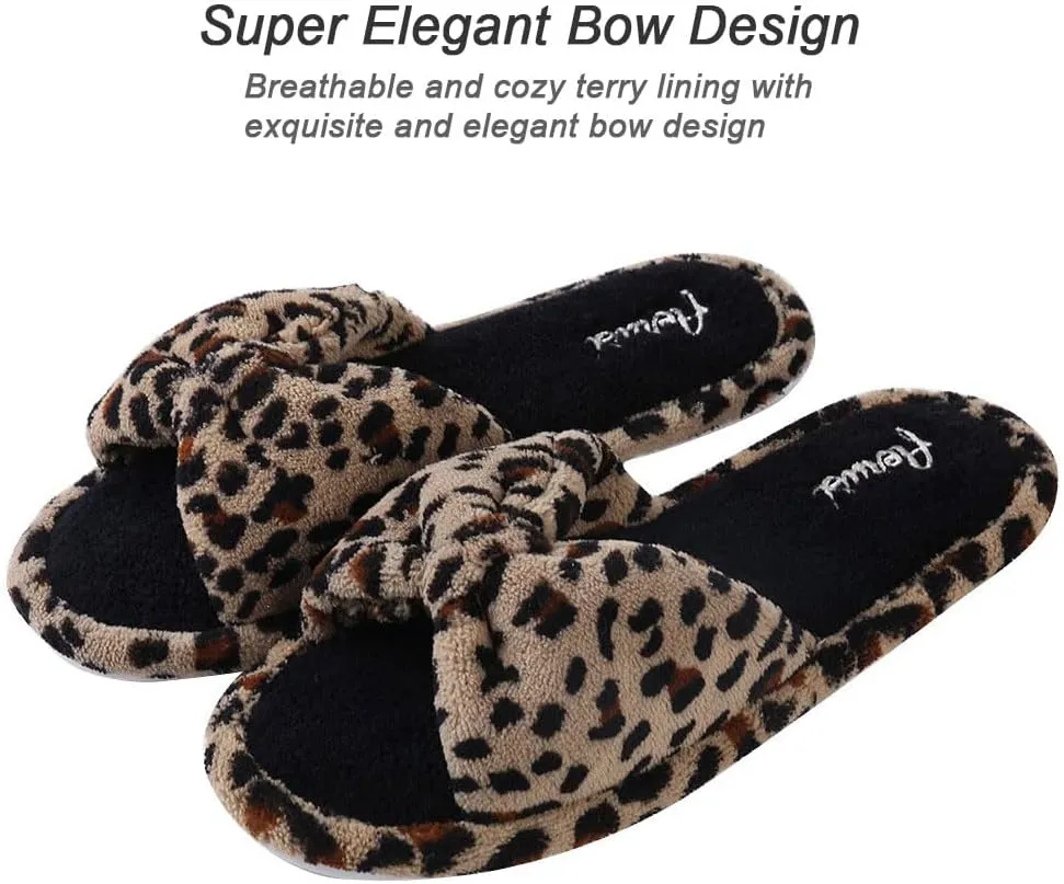 Womens Plush Terry Open Toe Memory Foam Spa Slippers Rubber Sole Bowknot House Slides for Women