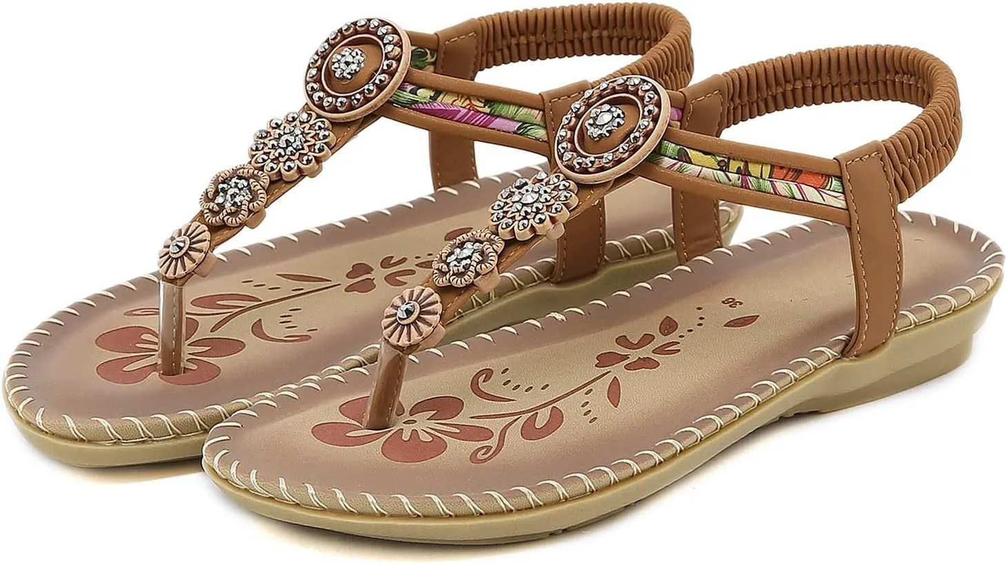 Womens Sandals Bohemia Flowers Sequins Dress Shoes Summer Flat Casual Ankle Strap Elastic Slip on Beach Sandal