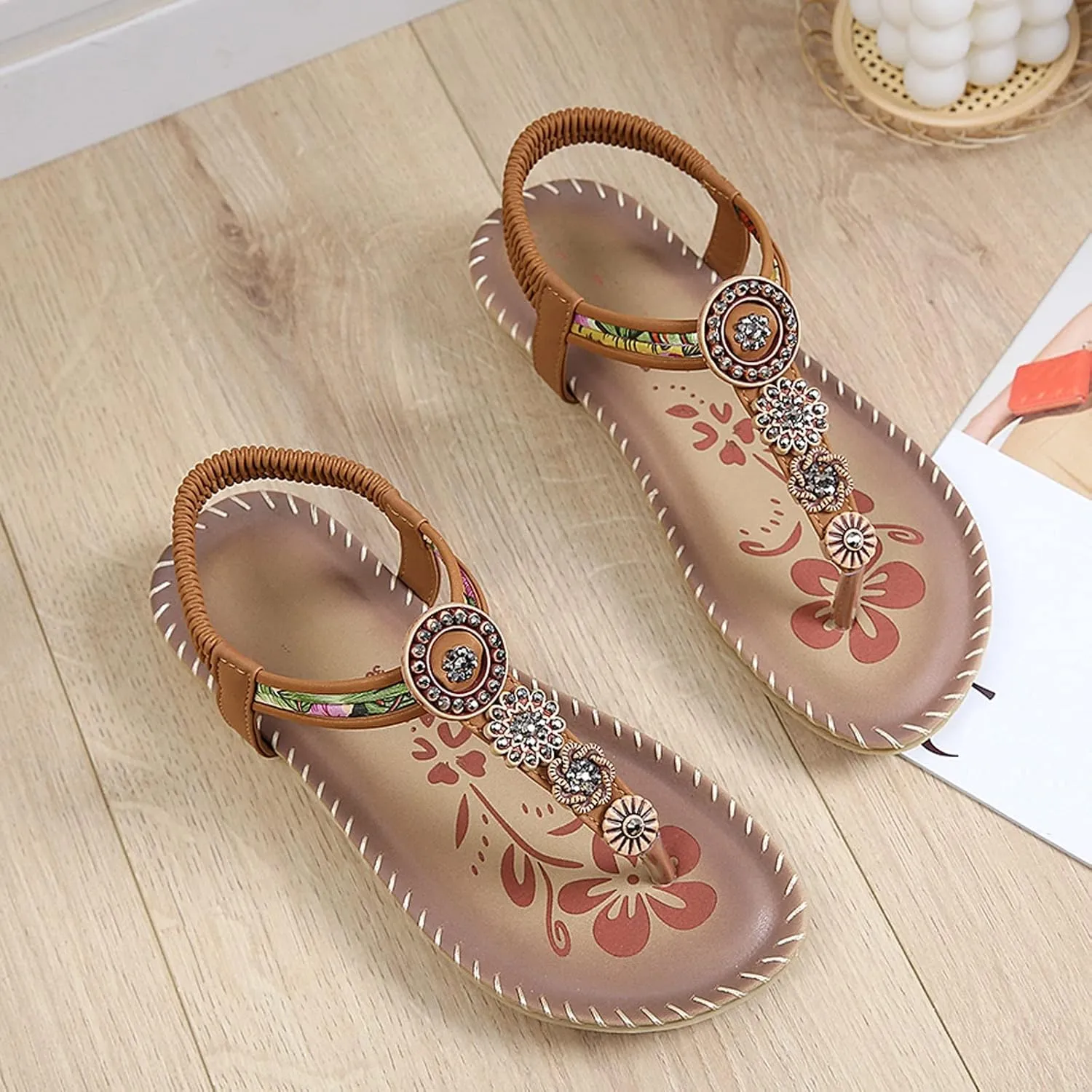 Womens Sandals Bohemia Flowers Sequins Dress Shoes Summer Flat Casual Ankle Strap Elastic Slip on Beach Sandal