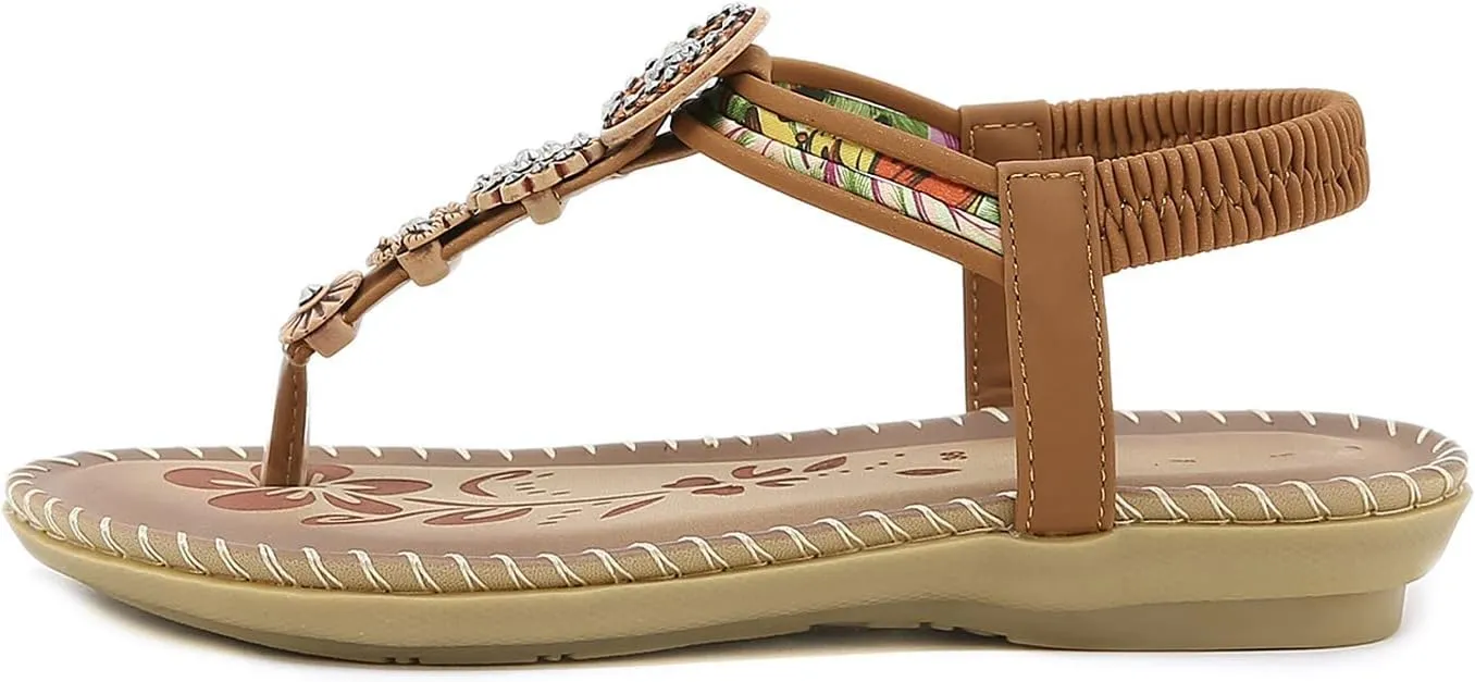 Womens Sandals Bohemia Flowers Sequins Dress Shoes Summer Flat Casual Ankle Strap Elastic Slip on Beach Sandal