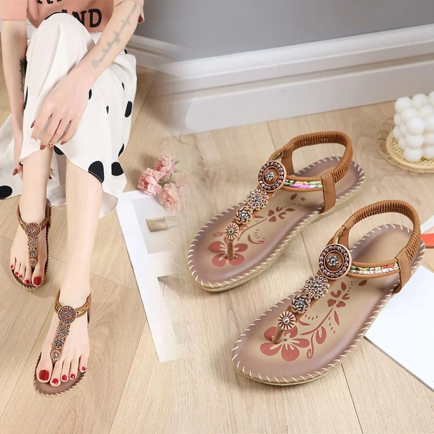 Womens Sandals Bohemia Flowers Sequins Dress Shoes Summer Flat Casual Ankle Strap Elastic Slip on Beach Sandal
