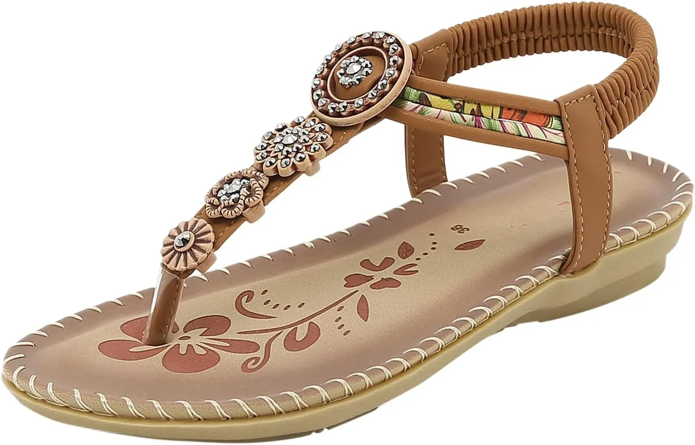 Womens Sandals Bohemia Flowers Sequins Dress Shoes Summer Flat Casual Ankle Strap Elastic Slip on Beach Sandal