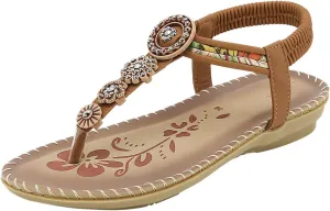 Womens Sandals Bohemia Flowers Sequins Dress Shoes Summer Flat Casual Ankle Strap Elastic Slip on Beach Sandal
