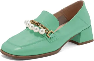 XYD Women Classic Closed Square Toe Golden Chain Pearl Loafer Low Chunky Heel Slip On Fall Daily Walking Comfy Shoes