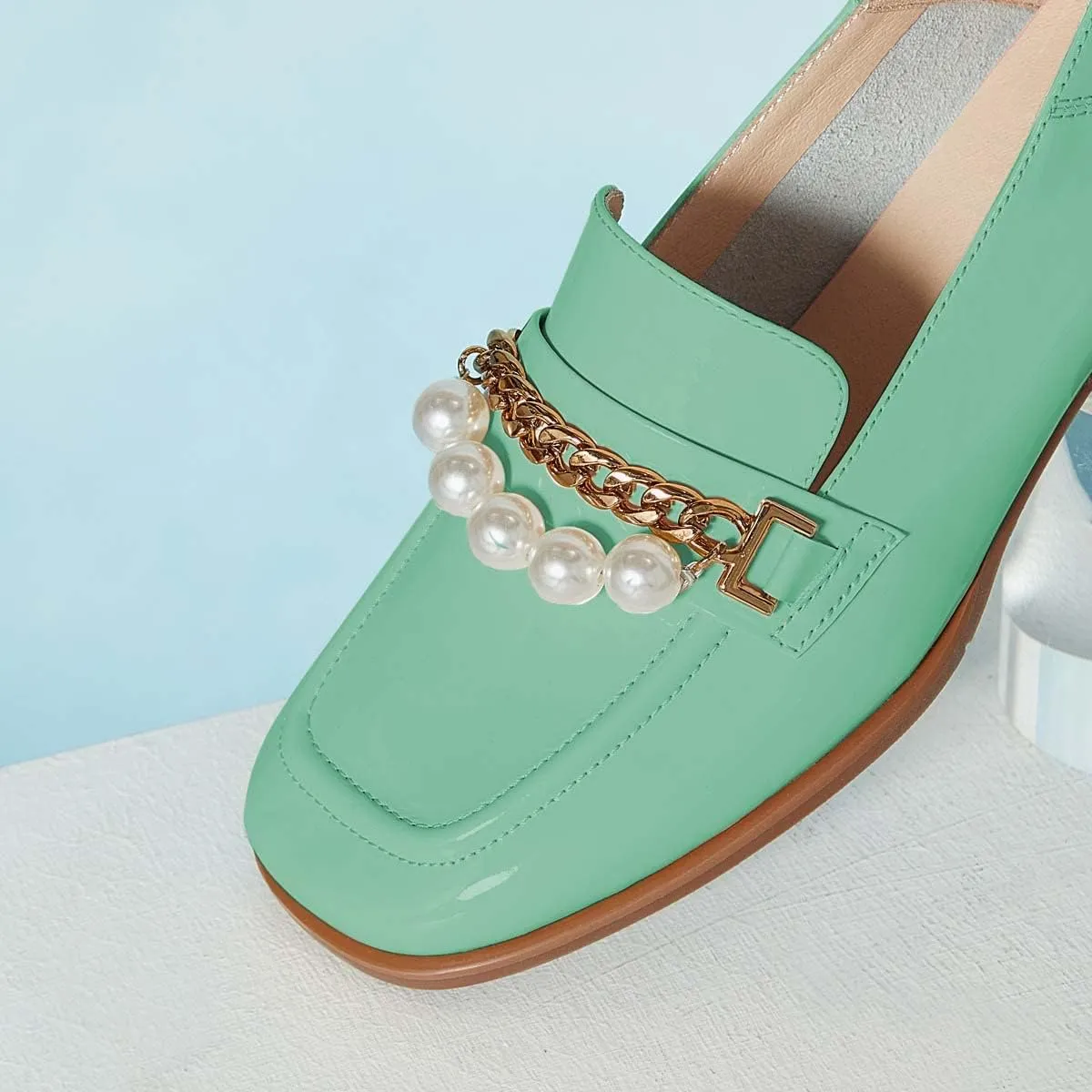 XYD Women Classic Closed Square Toe Golden Chain Pearl Loafer Low Chunky Heel Slip On Fall Daily Walking Comfy Shoes
