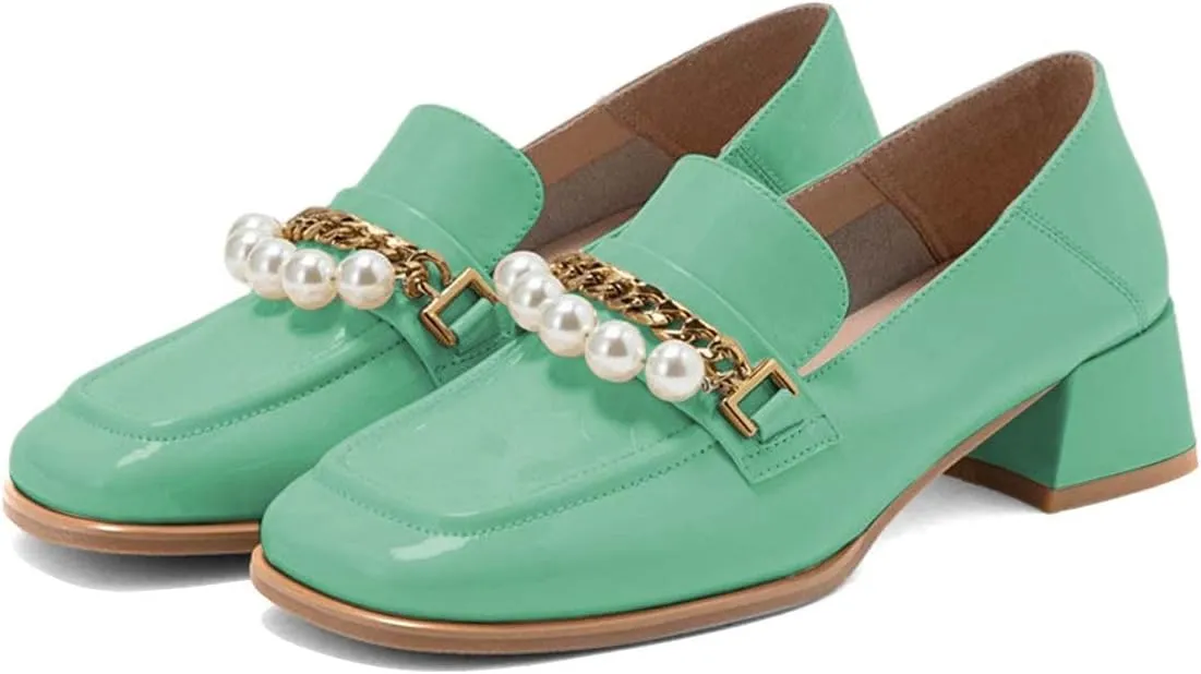 XYD Women Classic Closed Square Toe Golden Chain Pearl Loafer Low Chunky Heel Slip On Fall Daily Walking Comfy Shoes