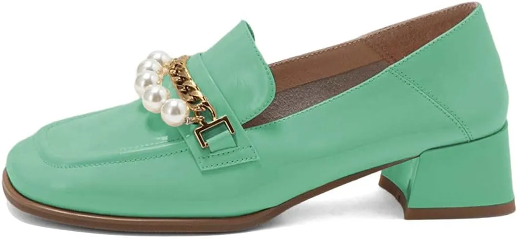 XYD Women Classic Closed Square Toe Golden Chain Pearl Loafer Low Chunky Heel Slip On Fall Daily Walking Comfy Shoes