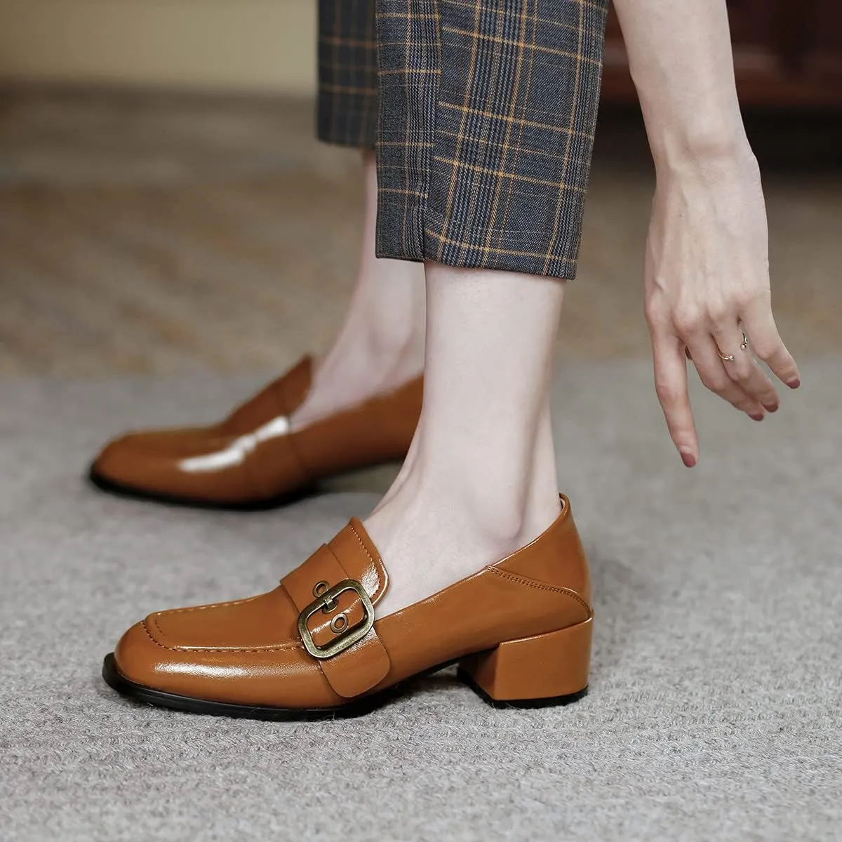 YDN Women Square Toe Heeled Loafers Slip on Block Low Heel Pumps Buckle Fashion Formal Wear Shoes Size 4-15 US