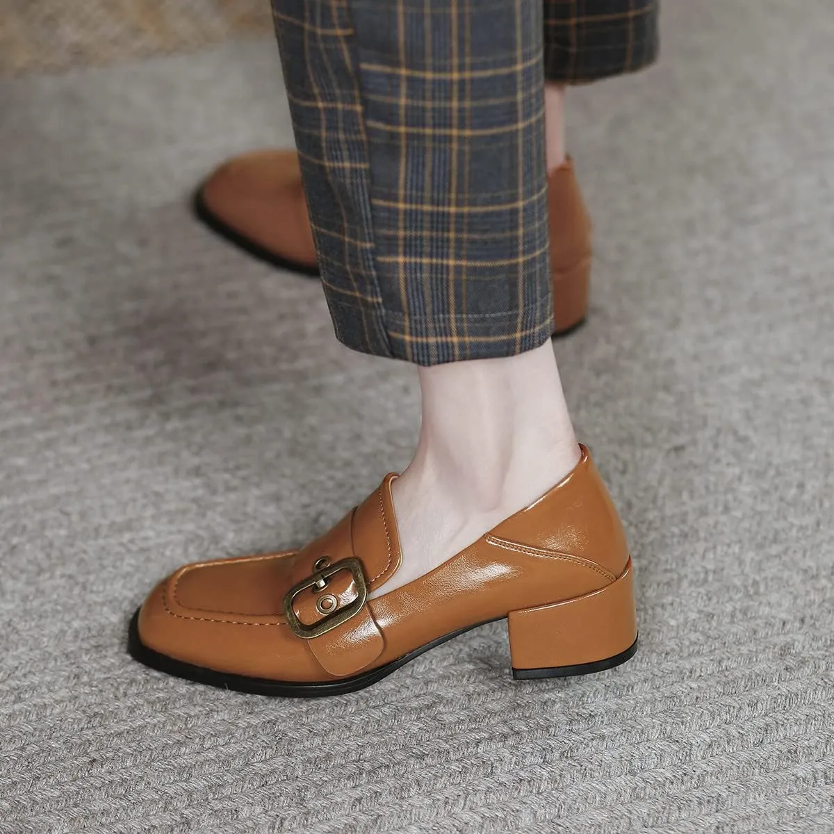 YDN Women Square Toe Heeled Loafers Slip on Block Low Heel Pumps Buckle Fashion Formal Wear Shoes Size 4-15 US