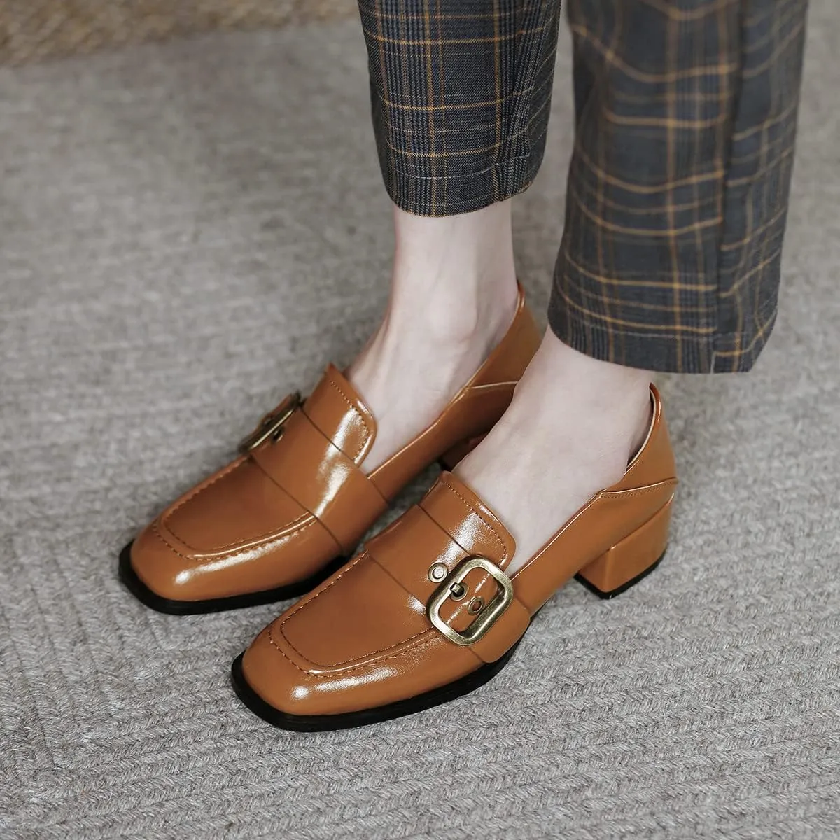 YDN Women Square Toe Heeled Loafers Slip on Block Low Heel Pumps Buckle Fashion Formal Wear Shoes Size 4-15 US