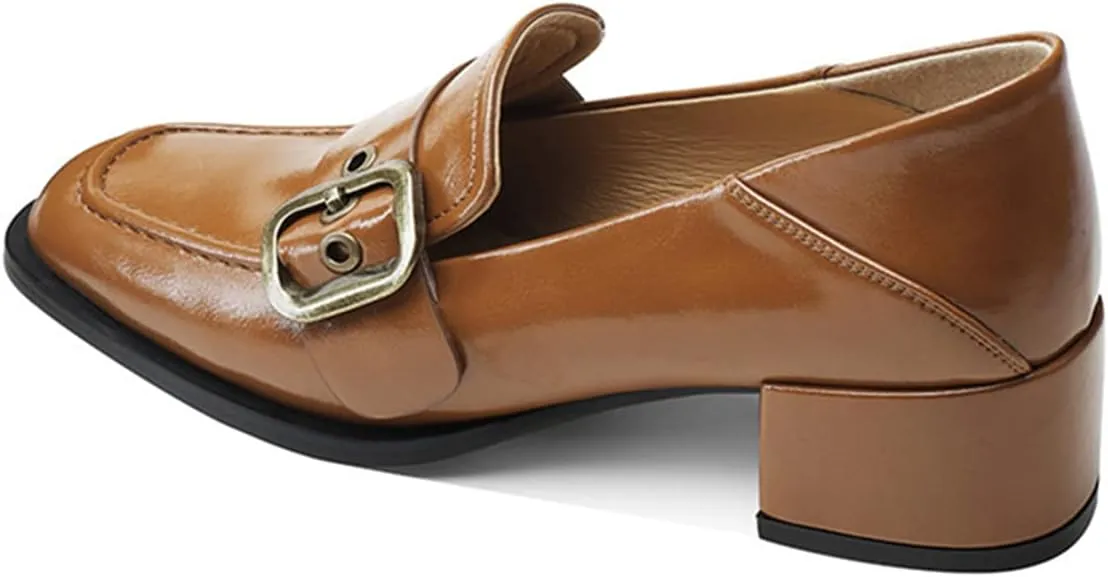 YDN Women Square Toe Heeled Loafers Slip on Block Low Heel Pumps Buckle Fashion Formal Wear Shoes Size 4-15 US
