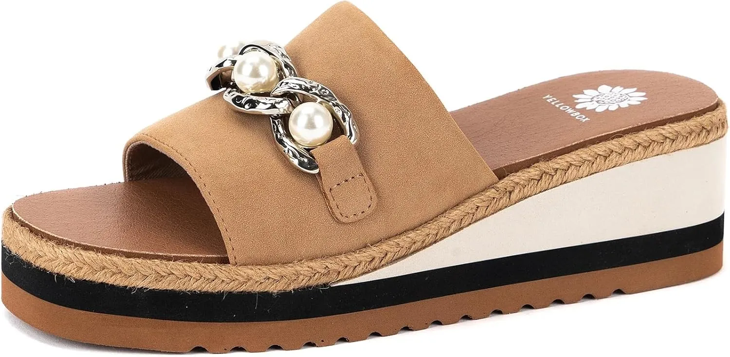 Yellow Box Women's Adelfia Wedge Sandal, Round Toe, Medium-High 2.25 Inch Heel, 1.25 Inch Platform Comfortable Flip-Flop