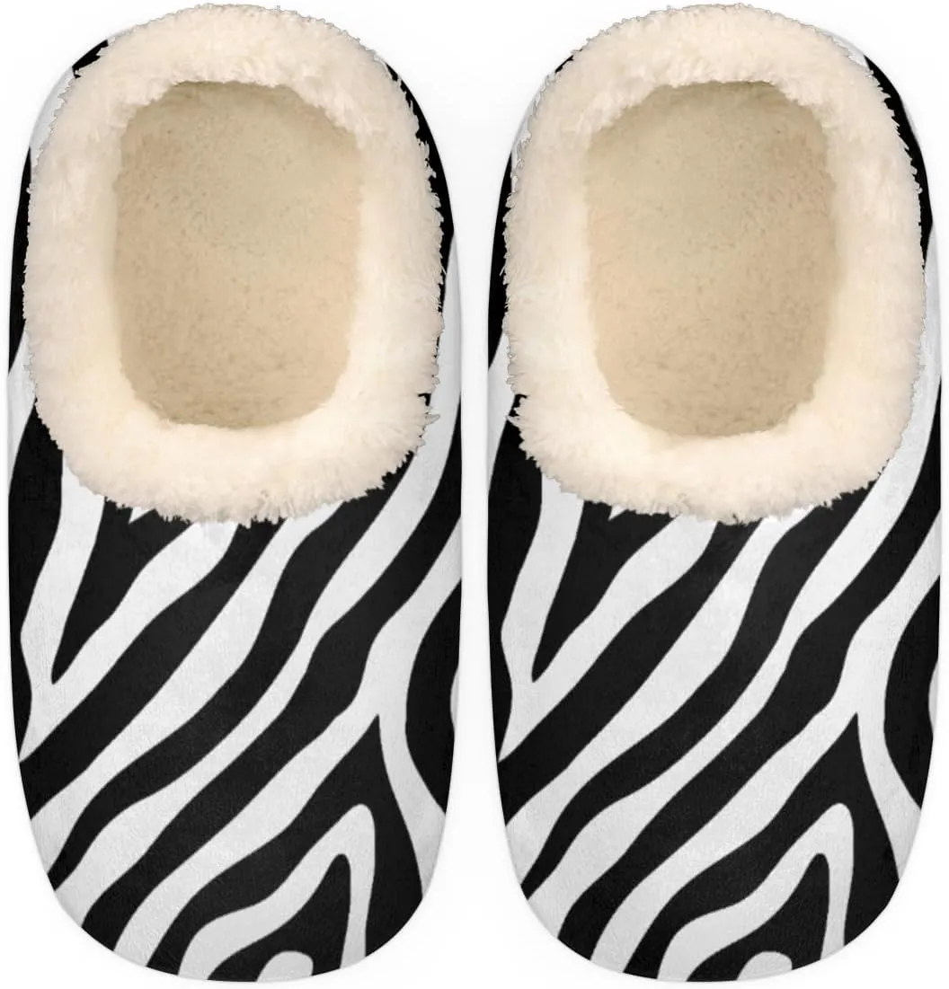Zebra Skin House Slippers for Women/Men, Non-Slip House Slipper Socks, Plush Lined Slippers Shoes for Boys Girls Teens Indoor Bedroom (Black White Stripe)