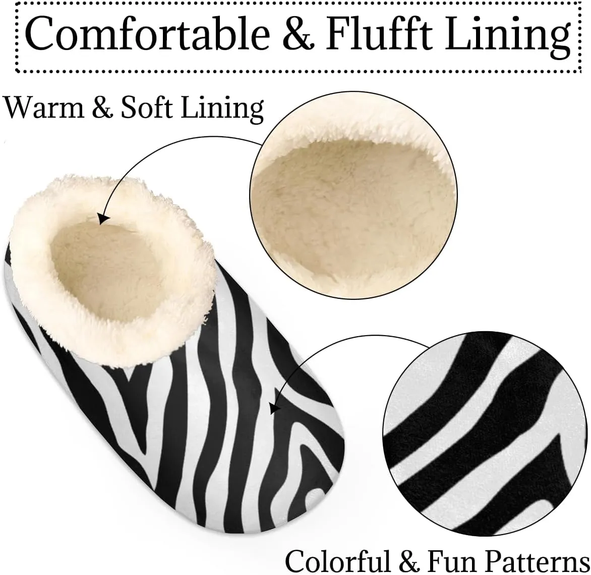 Zebra Skin House Slippers for Women/Men, Non-Slip House Slipper Socks, Plush Lined Slippers Shoes for Boys Girls Teens Indoor Bedroom (Black White Stripe)